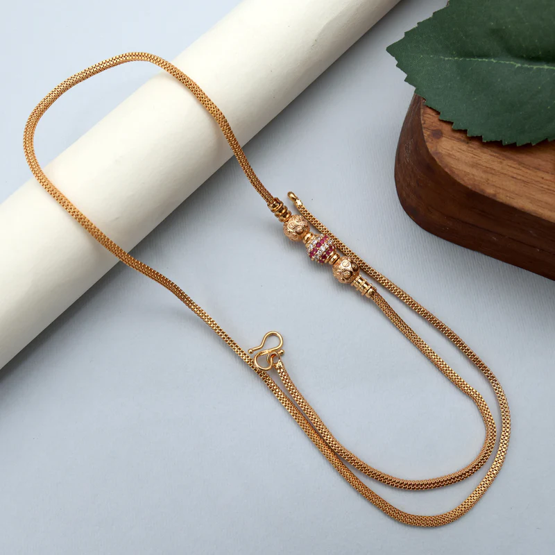 Gold Tone AD Gold Balls Mugappu Chain - White & Ruby